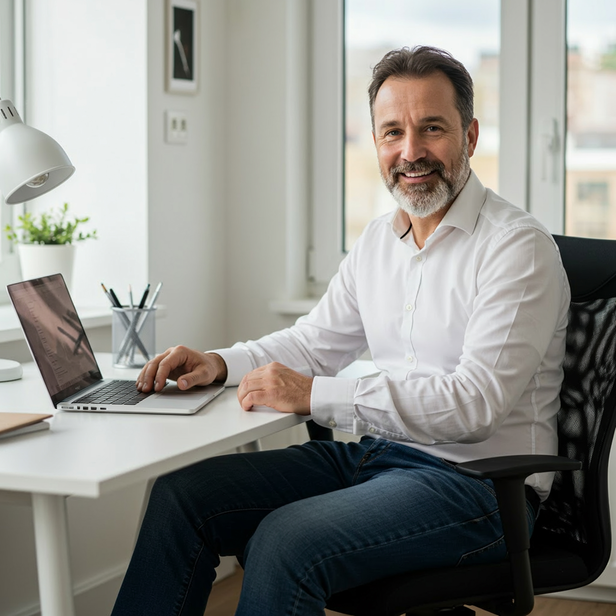 Man at His Desk Staring and Smiling Into the Camera